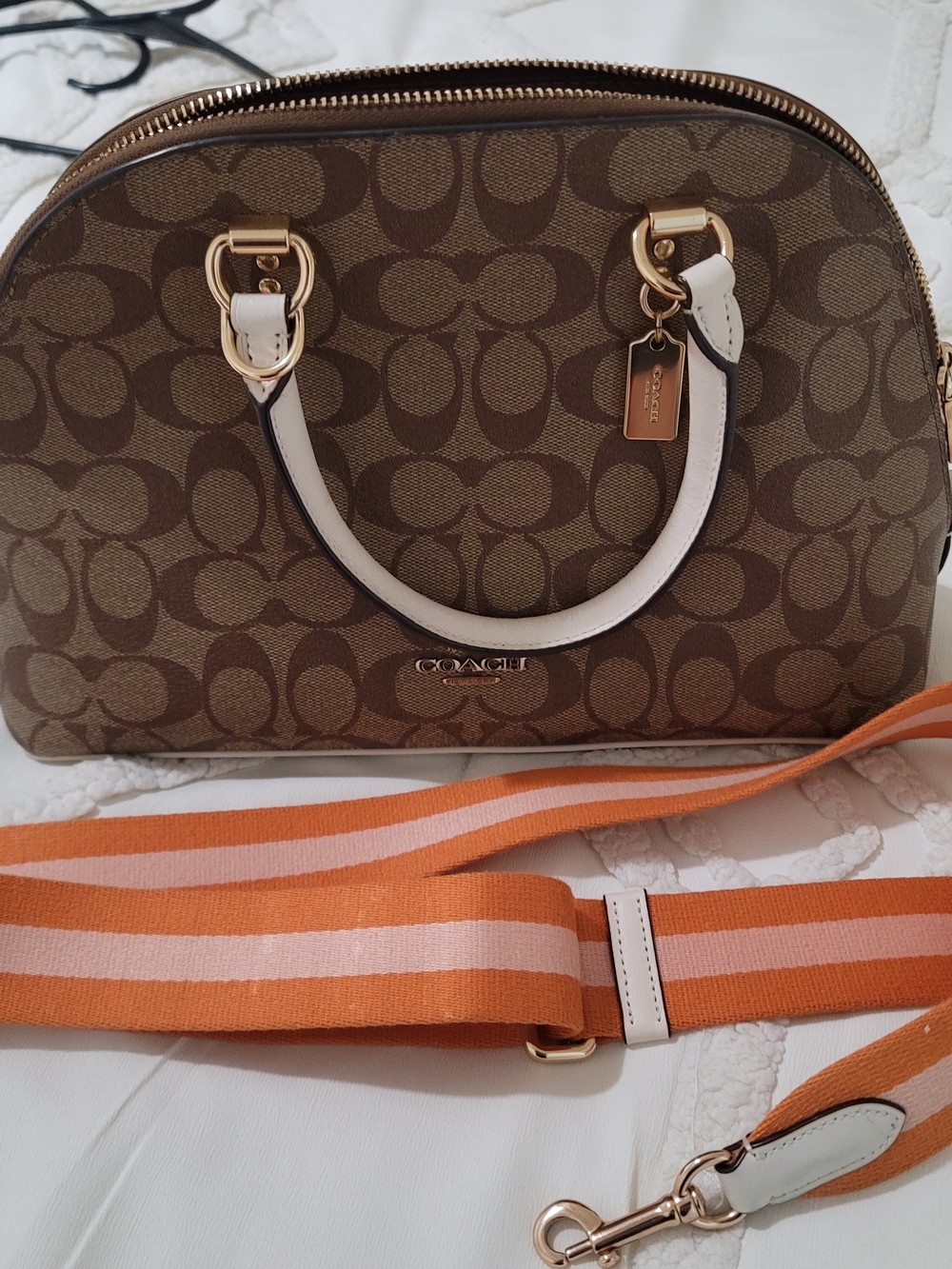 Coach Signature Dome Satchel in Brown with White Trim